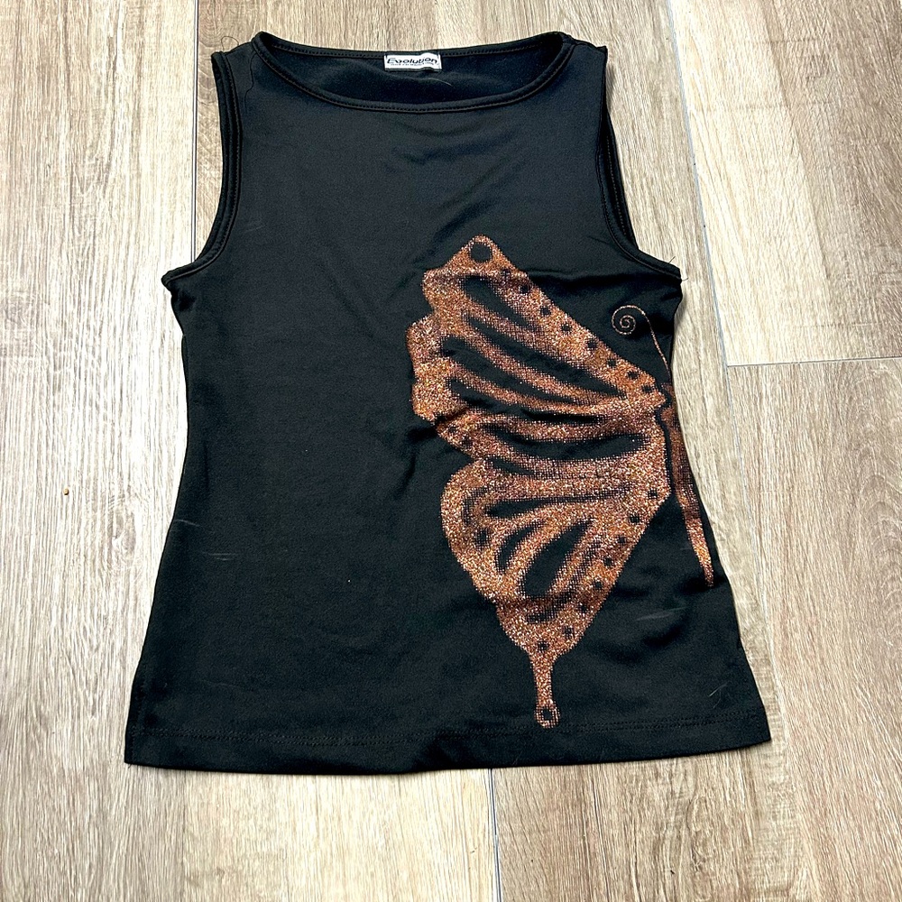 Y2K Black and Gold Glitter Butterfly Tank S